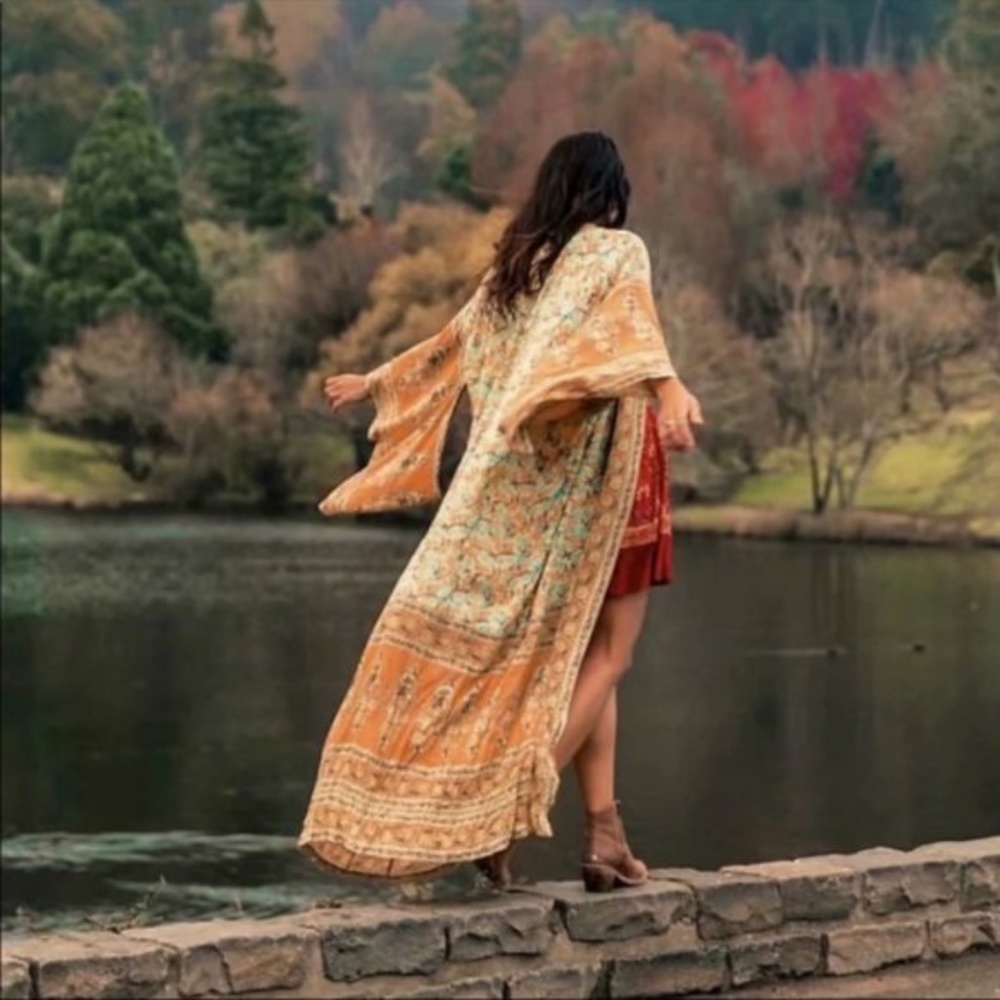 boho gypsy floral Print Kimono cardigan - mustard - Picture 6 of 9